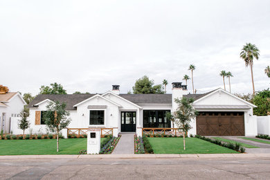 Country white one-story exterior home idea in Phoenix with a shingle roof