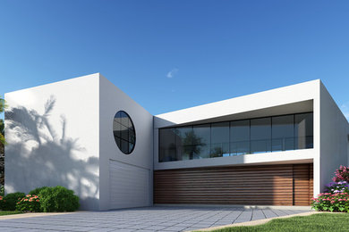 Diseño de fachada de casa blanca moderna grande de dos plantas con revestimiento de estuco, tejado plano y tejado de varios materiales