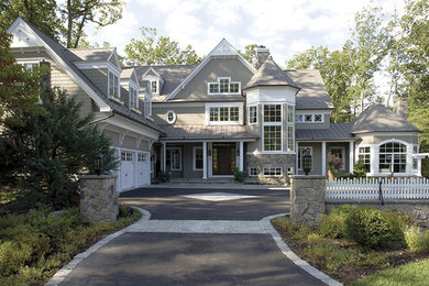 Inspiration for a huge timeless gray three-story mixed siding gable roof remodel in Baltimore