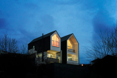 Mid-sized minimalist black house exterior photo in Other with a clipped gable roof and a metal roof