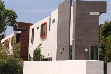 Cette image montre une grande façade de maison multicolore design en stuc à un étage avec un toit plat.
