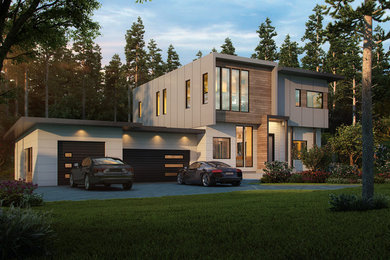 Modelo de fachada de casa gris moderna grande de dos plantas con tejado plano y revestimientos combinados