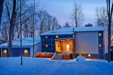 Exemple d'une façade de maison grise tendance de taille moyenne et à un étage avec un revêtement mixte et un toit en appentis.