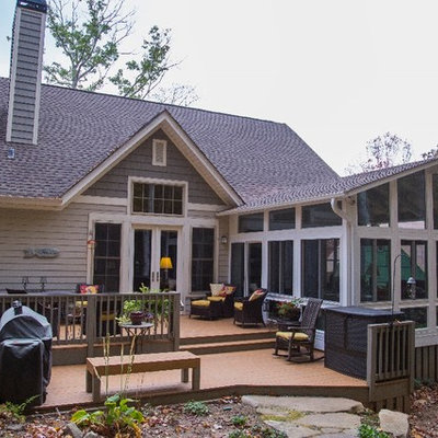 Mid-sized elegant gray one-story mixed siding exterior home photo in Other with a shingle roof