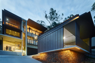 Cette photo montre une grande façade de maison métallique et marron tendance à deux étages et plus.