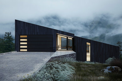 Imagen de fachada de casa negra actual pequeña de tres plantas con revestimiento de madera, tejado de un solo tendido y tejado de metal