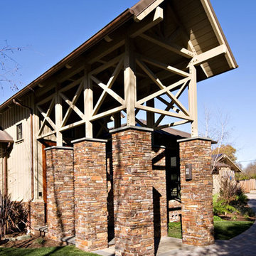 Bay Area large pergola entry with brick columns, metal roof, trusses