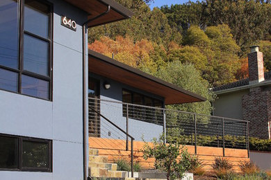 Aménagement d'une façade de maison bleue moderne.