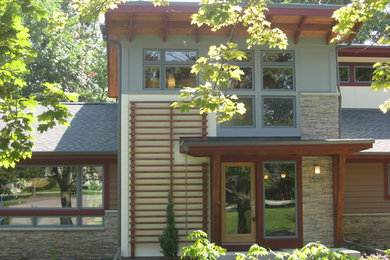Modelo de fachada contemporánea de tamaño medio de dos plantas con revestimientos combinados