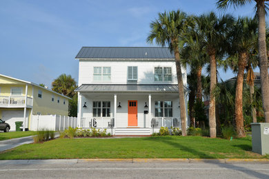 Mid-sized coastal white two-story wood gable roof idea in Jacksonville