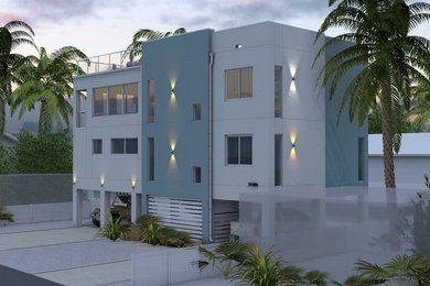 Example of a large minimalist white three-story exterior home design in Other