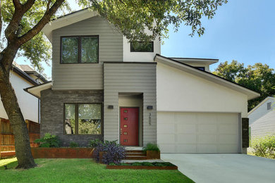 Mid-sized trendy gray one-story mixed siding gable roof photo in Austin