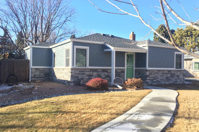 Mid-sized blue one-story concrete fiberboard house exterior photo in Denver with a shingle roof