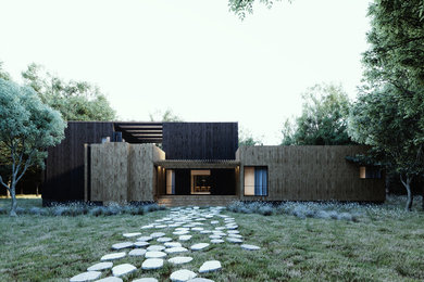 Modelo de fachada de casa negra moderna grande de tres plantas con revestimiento de madera, tejado plano y tejado de varios materiales