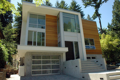 Cette photo montre une façade de maison tendance en bois.