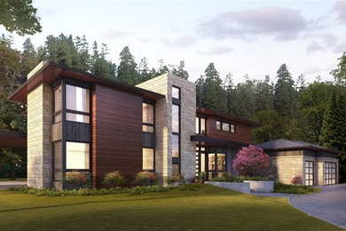 Large contemporary three-story mixed siding exterior home idea in Seattle with a hip roof