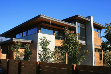 Inspiration pour une façade de maison marron minimaliste en bois de taille moyenne et à un étage.