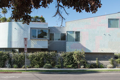 Ejemplo de fachada de casa pareada multicolor minimalista de tamaño medio a niveles con revestimientos combinados, tejado plano y techo verde