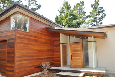 Diseño de fachada de casa multicolor contemporánea de tamaño medio con revestimientos combinados y tejado de un solo tendido