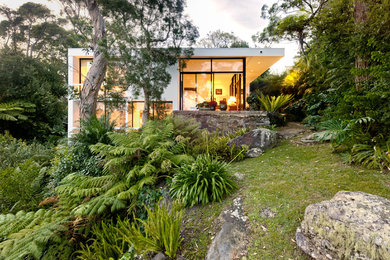 Modernes Haus mit weißer Fassadenfarbe und Flachdach in Sydney