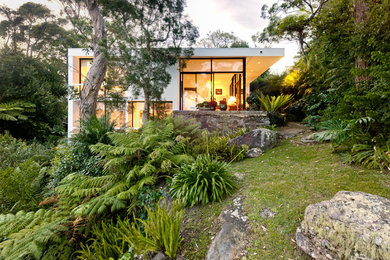 White modern split-level house exterior in Sydney with a flat roof.