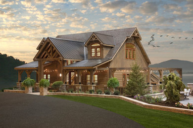 Example of a large mountain style two-story wood house exterior design in Cleveland with a mixed material roof