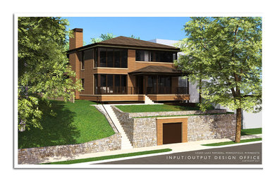 Ejemplo de fachada de casa beige moderna de tamaño medio de dos plantas con revestimiento de madera, tejado a cuatro aguas y tejado de teja de madera
