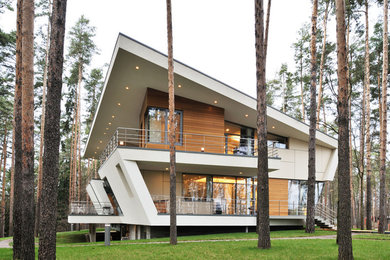 Immagine della casa con tetto a falda unica grande bianco contemporaneo a due piani con rivestimento in legno