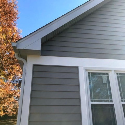 Large traditional gray one-story vinyl exterior home idea in St Louis with a shingle roof