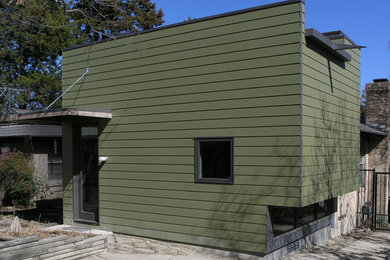 Small minimalist green one-story concrete fiberboard exterior home photo in Dallas