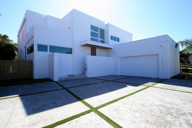 Cette image montre une grande façade de maison blanche minimaliste en stuc à un étage avec un toit plat.