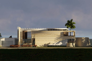 Ejemplo de fachada de casa beige contemporánea grande de tres plantas con revestimiento de piedra, tejado plano y tejado de metal