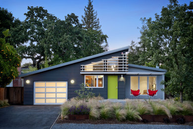 Example of a 1950s gray one-story concrete fiberboard exterior home design in San Francisco with a shed roof
