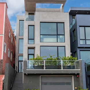 Großes, Vierstöckiges, Graues Modernes Haus mit Putzfassade und Flachdach in San Francisco