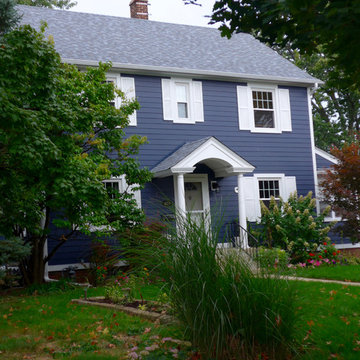 Colonial Exterior Remodel, Deep Ocean Blue Color James Hardie Siding, Deerfield