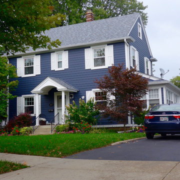 Colonial Exterior Remodel, Deep Ocean Blue Color James Hardie Siding, Deerfield