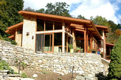 Cette photo montre une grande façade de maison beige tendance en bois à deux étages et plus avec un toit à deux pans.