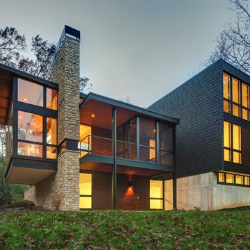 Contemporary 2-Story Home - Wood & Brick Exterior Narrow Sharp Black Lines