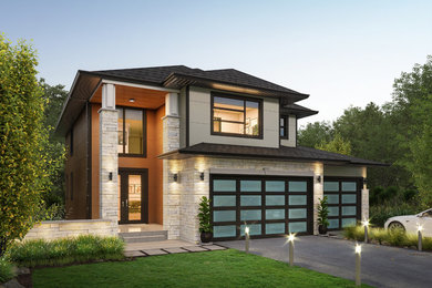 Diseño de fachada de casa gris actual de tamaño medio de dos plantas con revestimiento de aglomerado de cemento, tejado a cuatro aguas y tejado de teja de madera