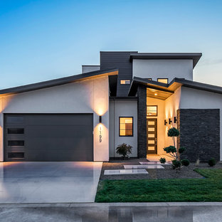 Aménagement d'une grand façade de maison grise contemporaine à un étage avec un toit en appentis, un revêtement mixte et un toit végétal.