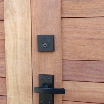 Contemporary Lever Gate Latch with Deadbolt on Wood Gate