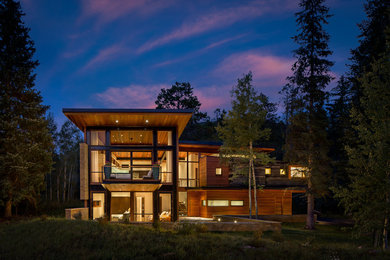 Cette photo montre une grande façade de maison marron tendance en bois à un étage avec un toit plat.