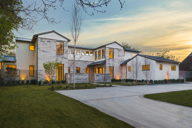 Mid-sized contemporary gray two-story stone exterior home idea in Dallas with a shingle roof