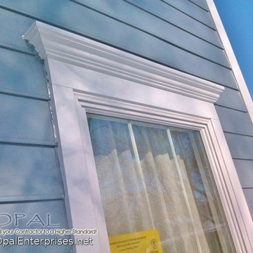 Crown Moldings in Cobble Stone by James Hardie, & Boothbay Blue Siding by Hardie