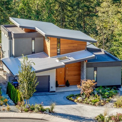 Large modern gray two-story mixed siding flat roof idea in Other