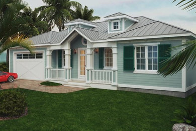 Example of a large trendy blue one-story wood house exterior design in Miami with a hip roof and a metal roof