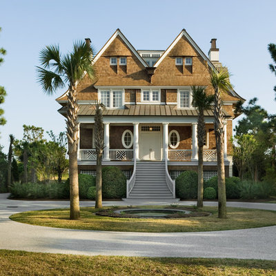 Beach style two-story wood gable roof photo in New York