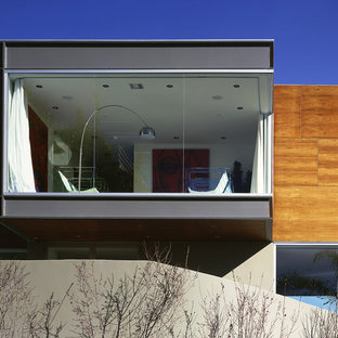 Large minimalist beige two-story wood flat roof photo in Los Angeles