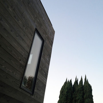 dark-stained cedar siding at linear window