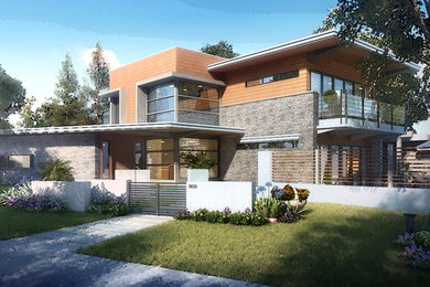 Diseño de fachada de casa multicolor actual grande de dos plantas con revestimientos combinados, tejado plano y techo verde